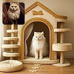 A fluffy white cat with a slightly serious expression sits attentively between wooden chair legs on a patterned floor, its fur glowing softly in dim indoor lighting.