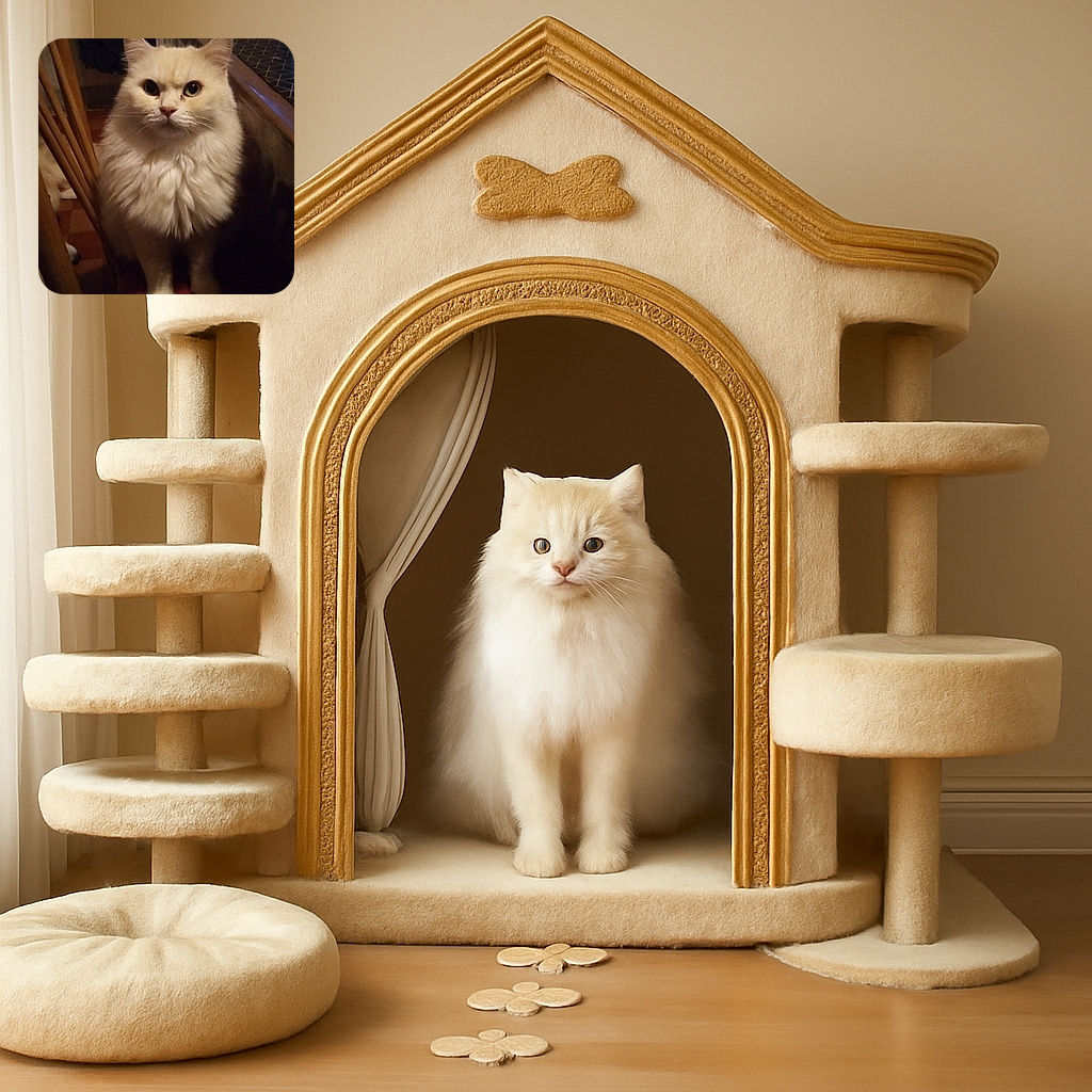 A fluffy white cat with a slightly serious expression sits attentively between wooden chair legs on a patterned floor, its fur glowing softly in dim indoor lighting.