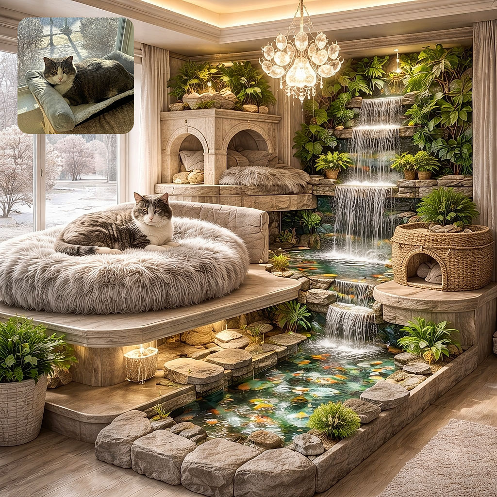 A plump gray-and-white cat basks like royalty on a cushioned window perch, squinting at the sun with a look that says 'this spot is mine.' Sunlight filters through the screen, casting delicate shadows on the snow outside while the cat’s whiskers and soft fur glow in the warm light.