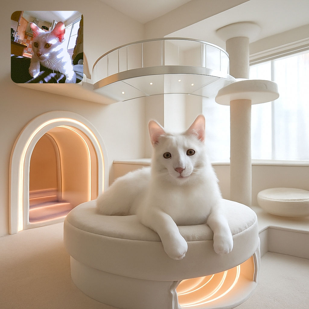 A curious white cat bathed in sunlight peeks over a dark surface in a cozy kitchen setting, with light and shadow patterns adding a touch of mystery to its whiskered face.