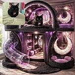 A charming black cat with heterochromia (one yellow eye and one blue eye) is cozily perched on a fluffy white blanket. The cat wears a pink heart-shaped tag that says 'Together Furever'. The background shows a colorful room with posters and string lights, adding a cozy vibe to the scene.