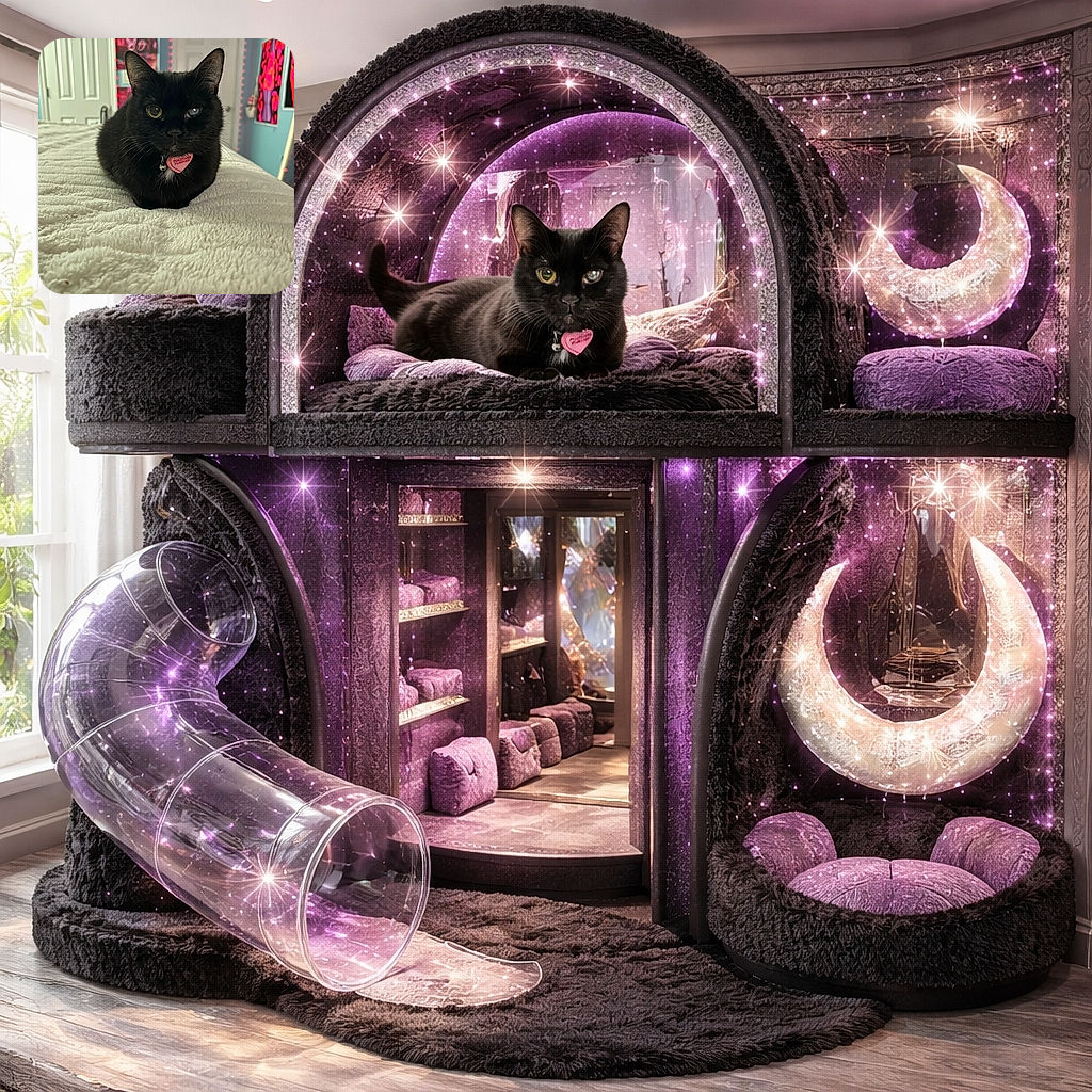 A charming black cat with heterochromia (one yellow eye and one blue eye) is cozily perched on a fluffy white blanket. The cat wears a pink heart-shaped tag that says 'Together Furever'. The background shows a colorful room with posters and string lights, adding a cozy vibe to the scene.