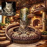 A majestic tabby cat lounges on a leopard-print blanket, its green eyes wide open and reflecting light like tiny emeralds. The dark background makes the cat's striped fur and curious expression stand out like a feline superstar in a spotlight.
