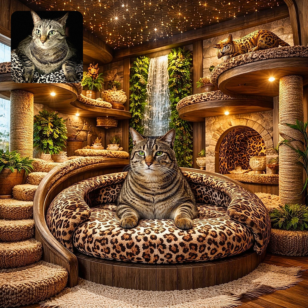 A majestic tabby cat lounges on a leopard-print blanket, its green eyes wide open and reflecting light like tiny emeralds. The dark background makes the cat's striped fur and curious expression stand out like a feline superstar in a spotlight.