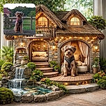 A charming small dog with a fluffy coat and a red bandana sits attentively on a stone surface, framed by a rustic wooden fence and lush greenery in the background, with a quaint brick house adding a cozy countryside vibe.