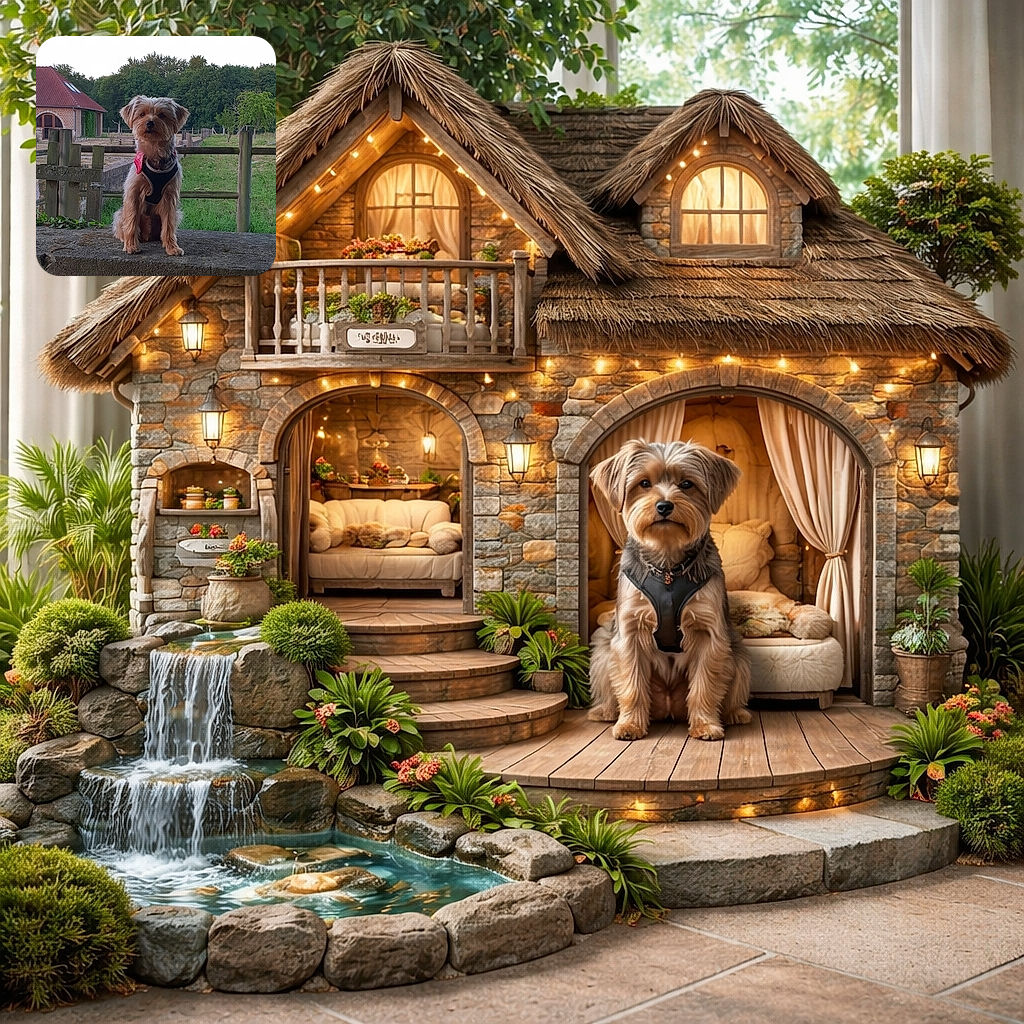 A charming small dog with a fluffy coat and a red bandana sits attentively on a stone surface, framed by a rustic wooden fence and lush greenery in the background, with a quaint brick house adding a cozy countryside vibe.