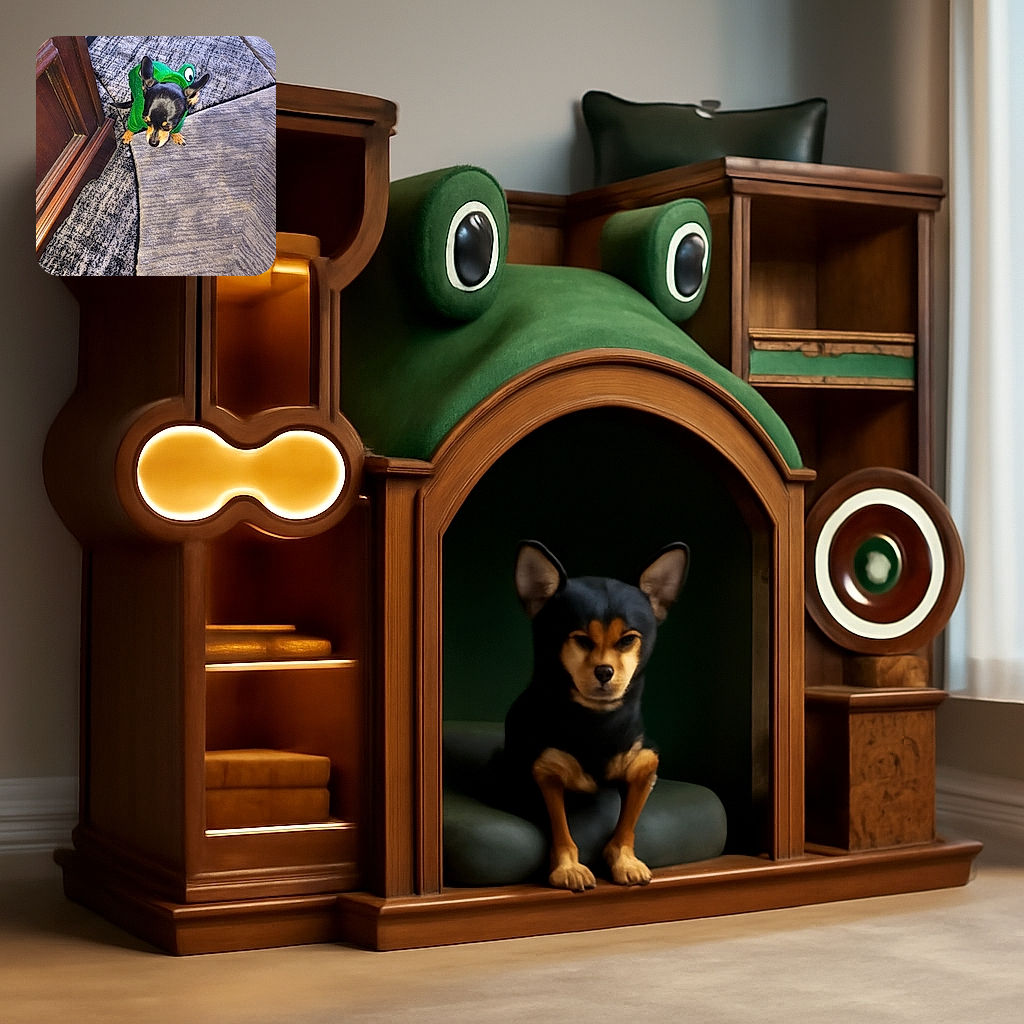 A small dog dressed in a green frog costume stands on a textured carpet near a wooden piece of furniture, looking slightly downward with an adorable and somewhat shy expression.