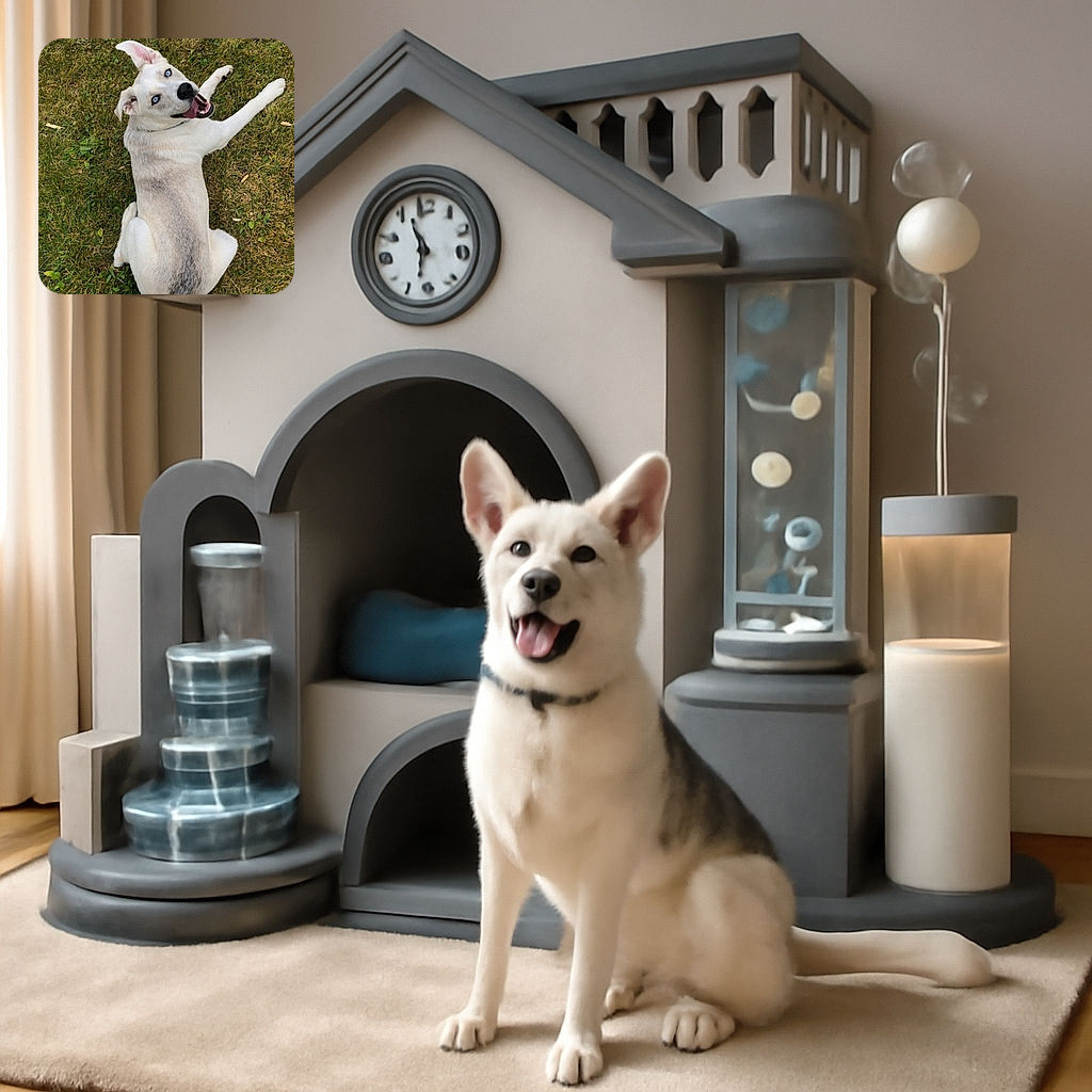 A happy dog with striking blue eyes lounges on the grass, looking back with a joyful expression, while a pair of stylish sneakers stand nearby, as if caught mid-conversation with the canine.