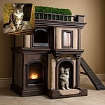 A serious-looking tabby cat sits patiently on a tiled floor in front of a mesh screen, framed by rustic wooden and plaster surroundings, as if guarding the night shift.