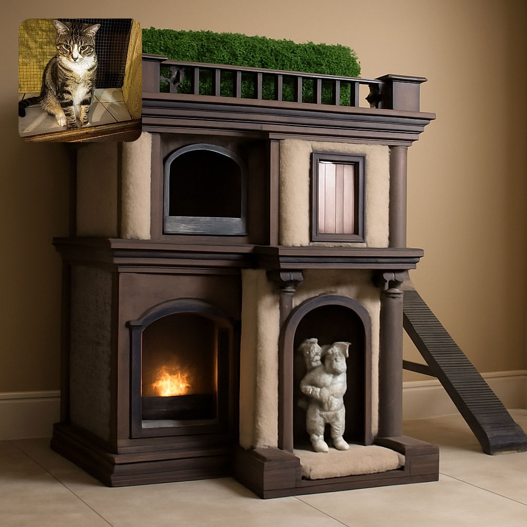 A serious-looking tabby cat sits patiently on a tiled floor in front of a mesh screen, framed by rustic wooden and plaster surroundings, as if guarding the night shift.