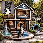 A sharp studio portrait of a mischievous black-and-white dog giving a side-smirk, ears like radar dishes and a blue collar with a dangling tag — looks like it just heard the word 'treat' and is pretending to be dignified about it. Soft grey backdrop keeps all attention on the glossy fur and warm brown eyes.