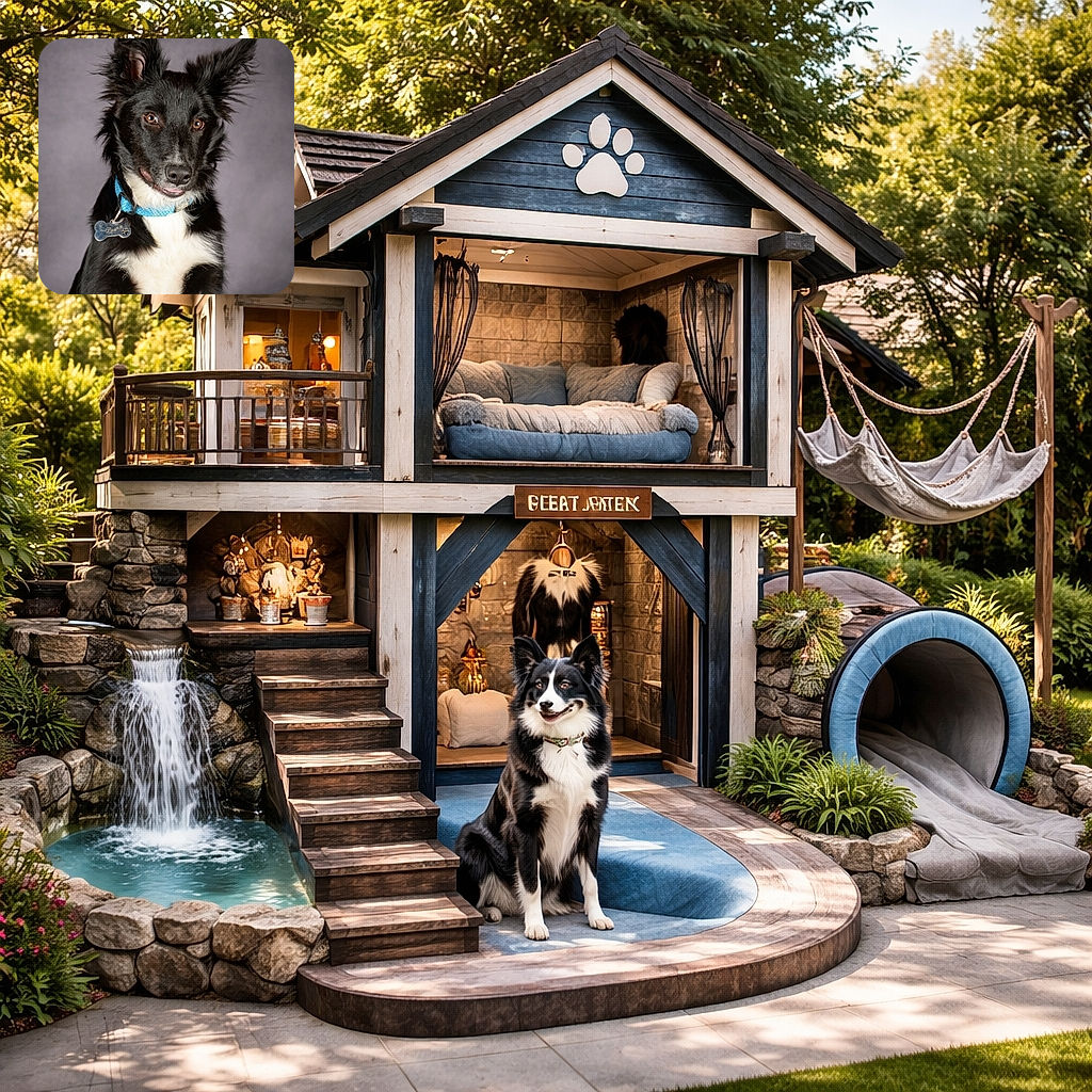 A sharp studio portrait of a mischievous black-and-white dog giving a side-smirk, ears like radar dishes and a blue collar with a dangling tag — looks like it just heard the word 'treat' and is pretending to be dignified about it. Soft grey backdrop keeps all attention on the glossy fur and warm brown eyes.