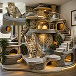 A fluffy kitten sits proudly on a plush gray cat tower, staring into the camera like the tiny landlord of the living room. Its fluffy tail curls dramatically to the side while the scratching post below waits for its next adventure.