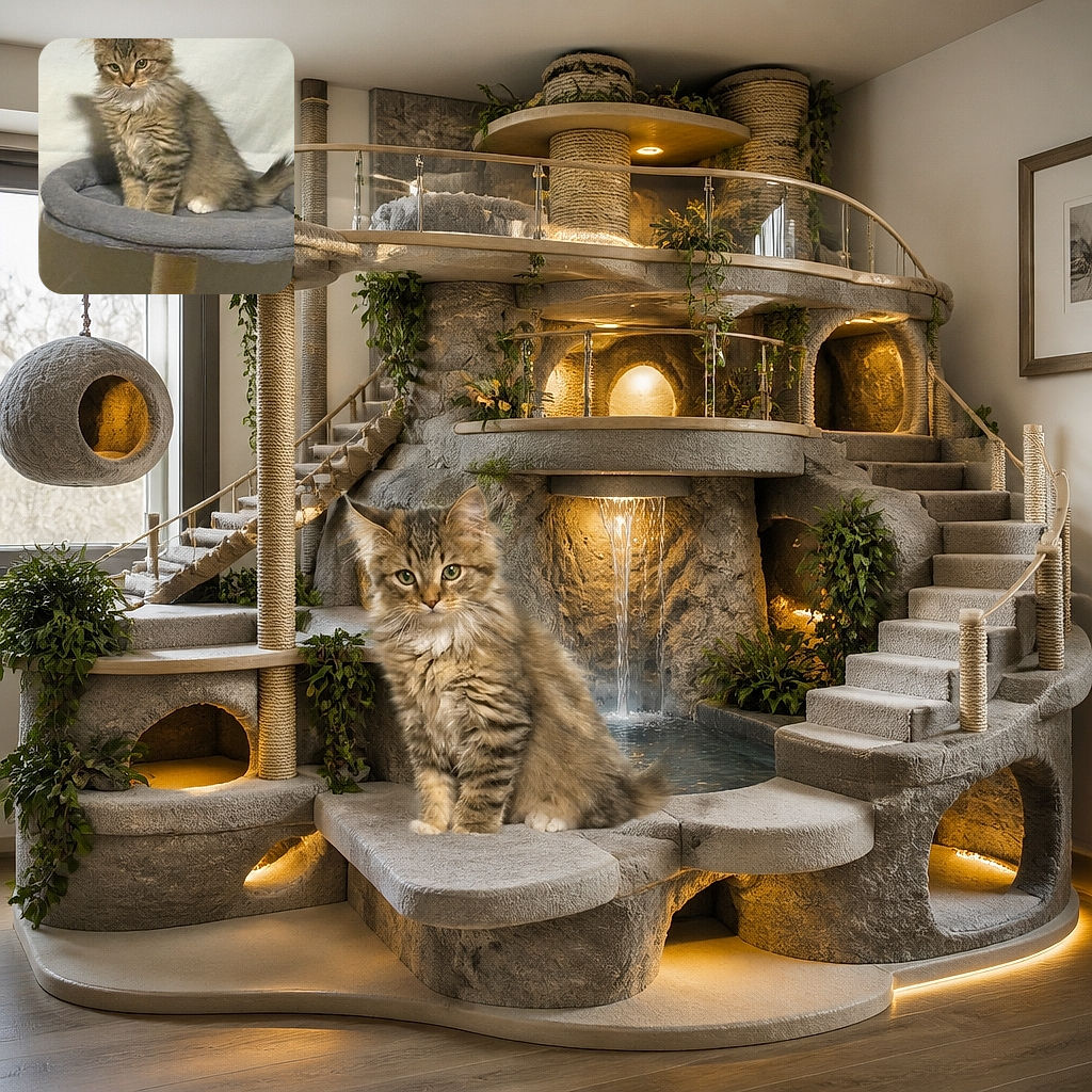 A fluffy kitten sits proudly on a plush gray cat tower, staring into the camera like the tiny landlord of the living room. Its fluffy tail curls dramatically to the side while the scratching post below waits for its next adventure.