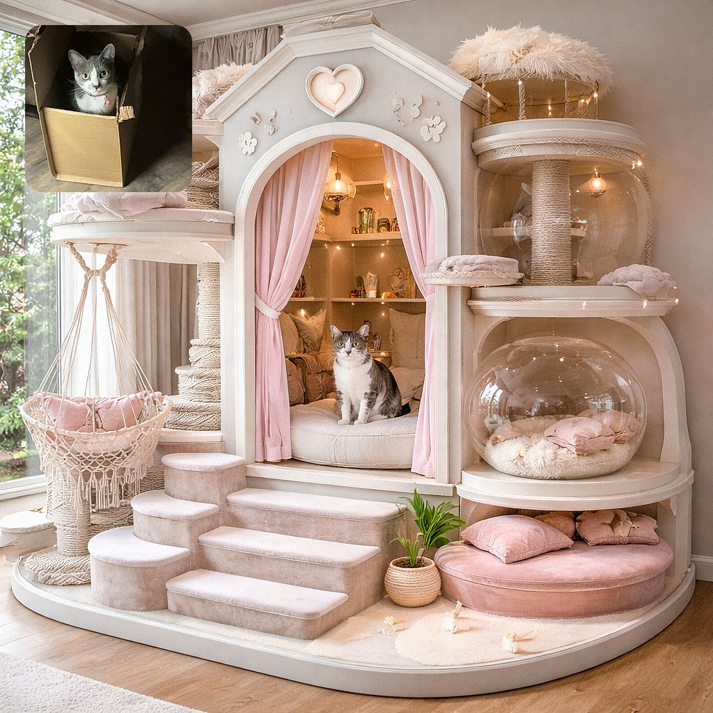 A wide-eyed gray-and-white cat has claimed a battered cardboard box as its throne, staring up with regal curiosity while a tiny pink bell on its collar announces royal intentions — pure box-level domination on the living-room floor.