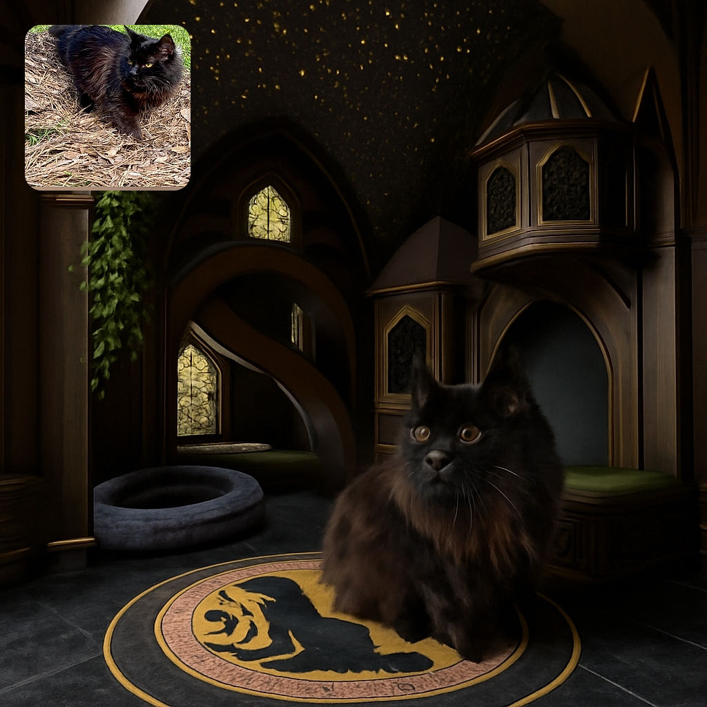 A fluffy black cat with striking yellow eyes prowls confidently through a bed of dried leaves and pine needles, with a patch of green grass in the background. The cat's fur shines softly in natural light, making it look like a stealthy forest creature on a mission.