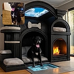 A happy black dog with white speckled paws and chest sits obediently on a brown carpeted floor, tongue out and ears perked up, with a cozy room background featuring a wooden nightstand, a lamp, and some household items.