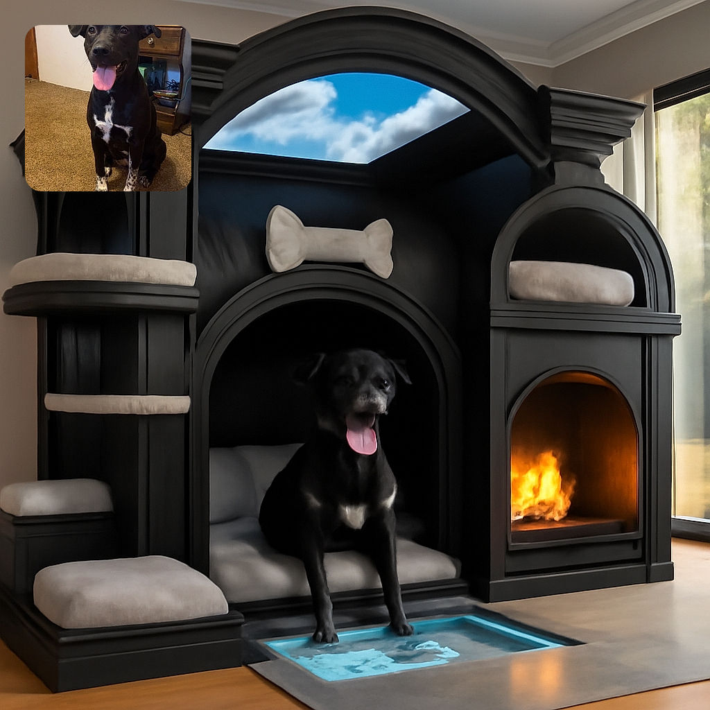 A happy black dog with white speckled paws and chest sits obediently on a brown carpeted floor, tongue out and ears perked up, with a cozy room background featuring a wooden nightstand, a lamp, and some household items.