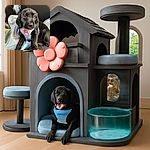 A charming black puppy wearing a pastel blue harness adorned with a pink flower sits comfortably on a soft surface, looking up with big, soulful eyes that could melt anyone's heart. The background is a cozy mix of blankets and cushions, making it a perfect candid moment of puppy adorableness.