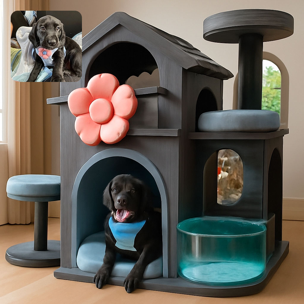 A charming black puppy wearing a pastel blue harness adorned with a pink flower sits comfortably on a soft surface, looking up with big, soulful eyes that could melt anyone's heart. The background is a cozy mix of blankets and cushions, making it a perfect candid moment of puppy adorableness.