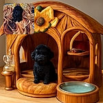 A tiny black curly-haired puppy sits adorably on a colorful blanket with a large artistic print of a blonde girl with a bow, creating a cute contrast between the real pup and the illustrated face beneath it.