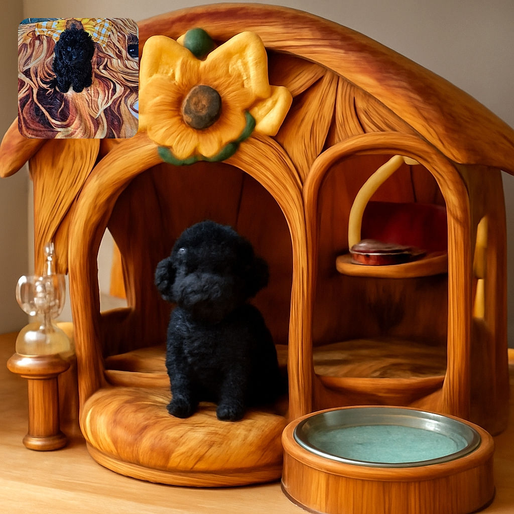 A tiny black curly-haired puppy sits adorably on a colorful blanket with a large artistic print of a blonde girl with a bow, creating a cute contrast between the real pup and the illustrated face beneath it.