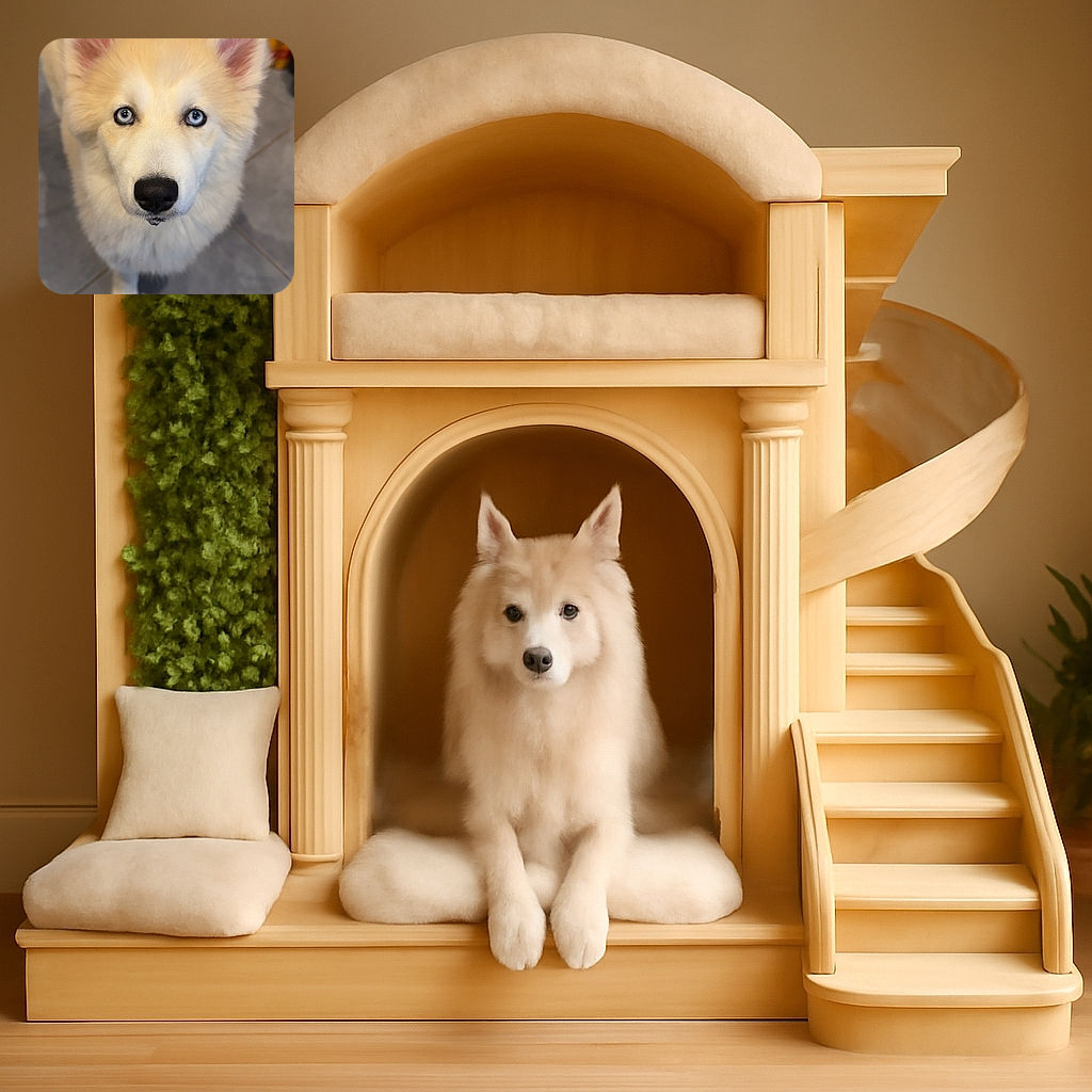 A fluffy, cream-colored dog with striking icy blue eyes gazes up with an innocent and curious expression, standing on a tiled floor with a blurred red background adding contrast to its soft fur.