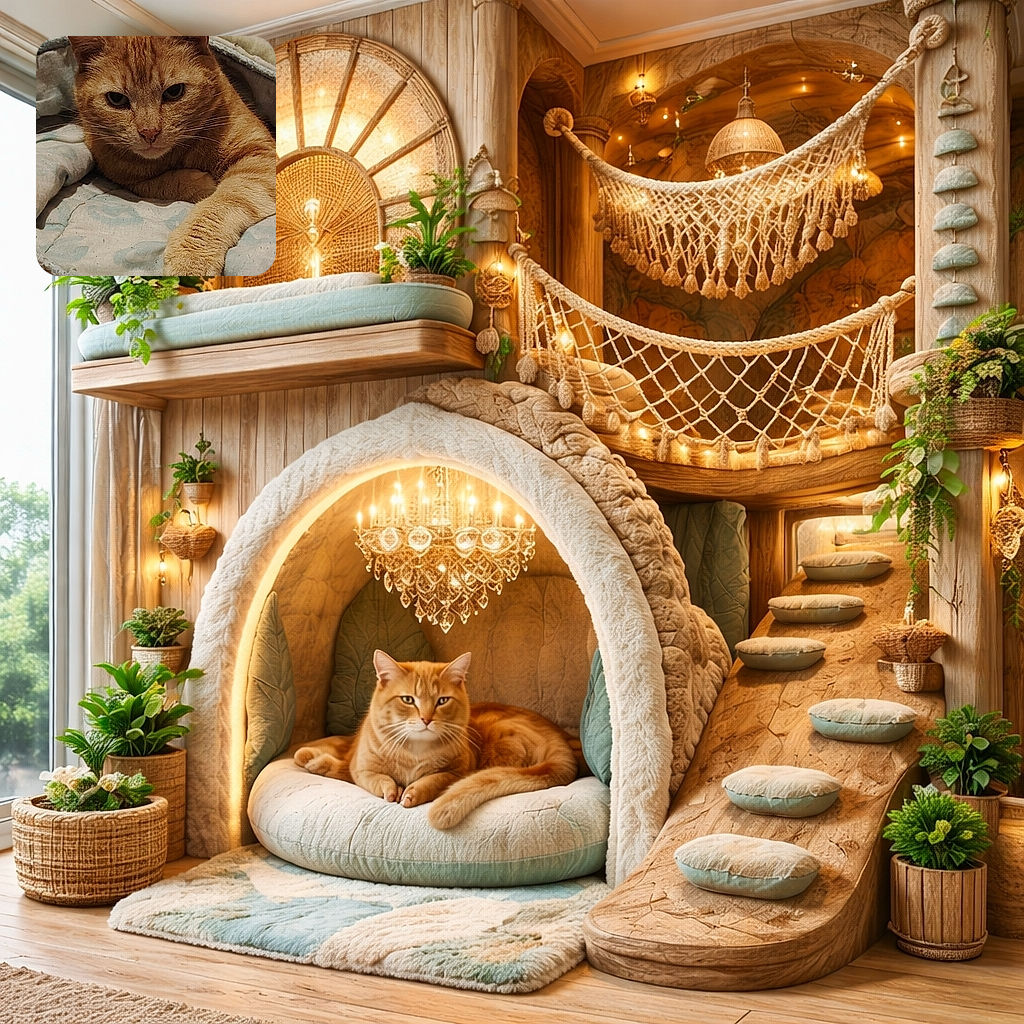 A cozy orange tabby cat lounging comfortably on a patterned blanket, looking directly at the camera with a calm and slightly curious expression, its paw stretched out in front.