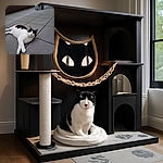 A charming black and white cat lounges on a tiled floor, looking curiously at the camera with wide eyes. The background features a wooden fence and a sturdy pillar, creating a cozy outdoor vibe.