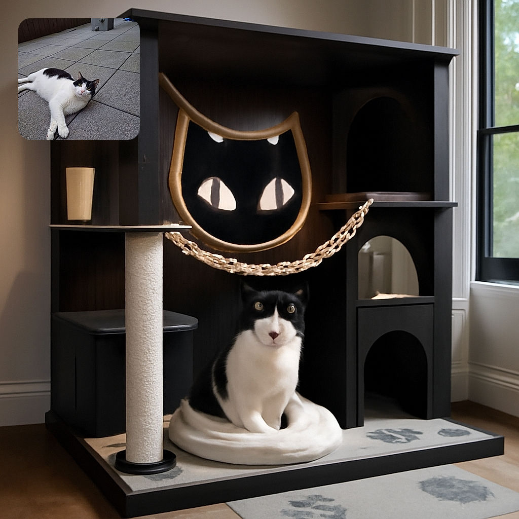 A charming black and white cat lounges on a tiled floor, looking curiously at the camera with wide eyes. The background features a wooden fence and a sturdy pillar, creating a cozy outdoor vibe.