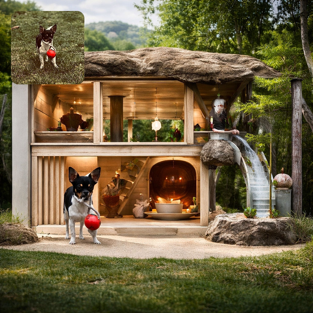 A small black and white dog stands proudly on a grassy field, gripping a bright red ball attached to a rope in its mouth, ready for a playful game of fetch.