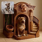 A charming brindle dog with a curious expression sits attentively on a tiled floor, looking up with soulful eyes. The indoor setting features neutral-colored walls and doors, creating a cozy atmosphere that highlights the dog's unique coat and gentle demeanor.