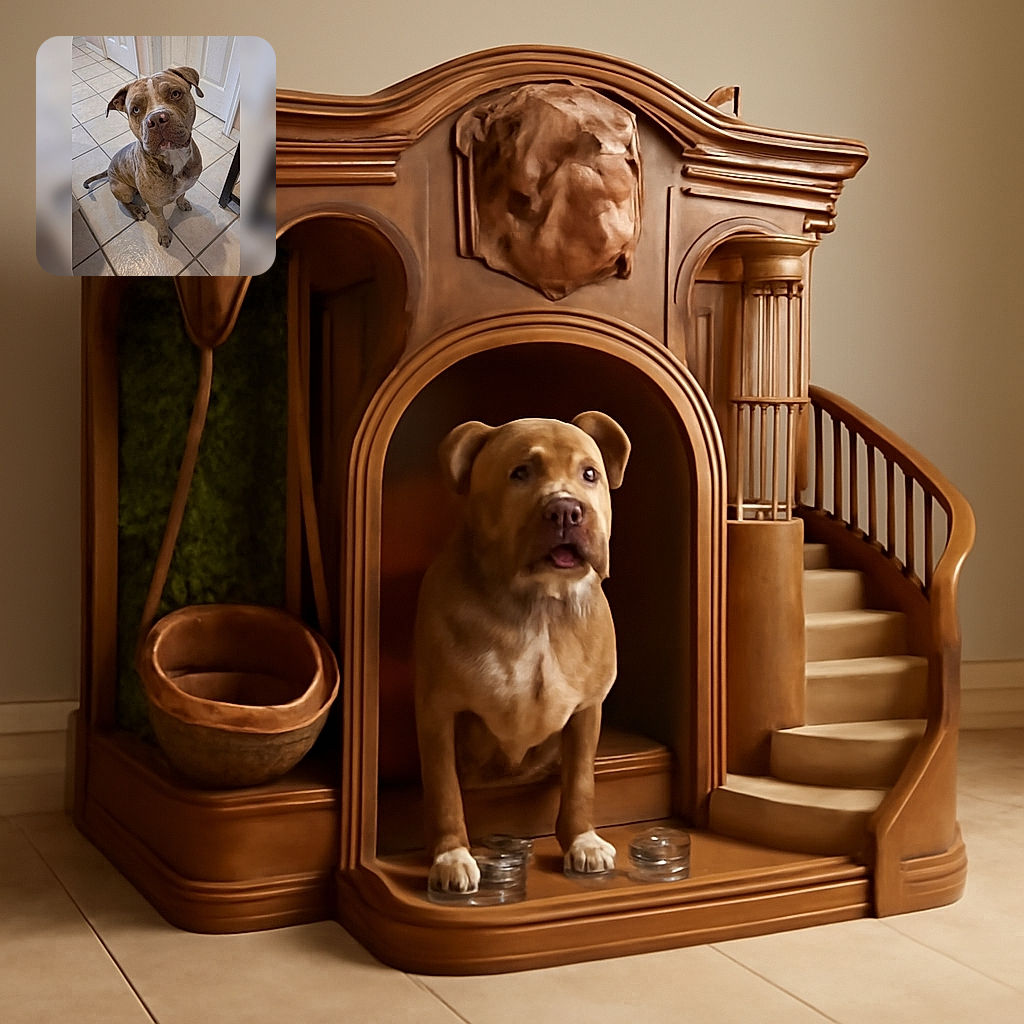 A charming brindle dog with a curious expression sits attentively on a tiled floor, looking up with soulful eyes. The indoor setting features neutral-colored walls and doors, creating a cozy atmosphere that highlights the dog's unique coat and gentle demeanor.