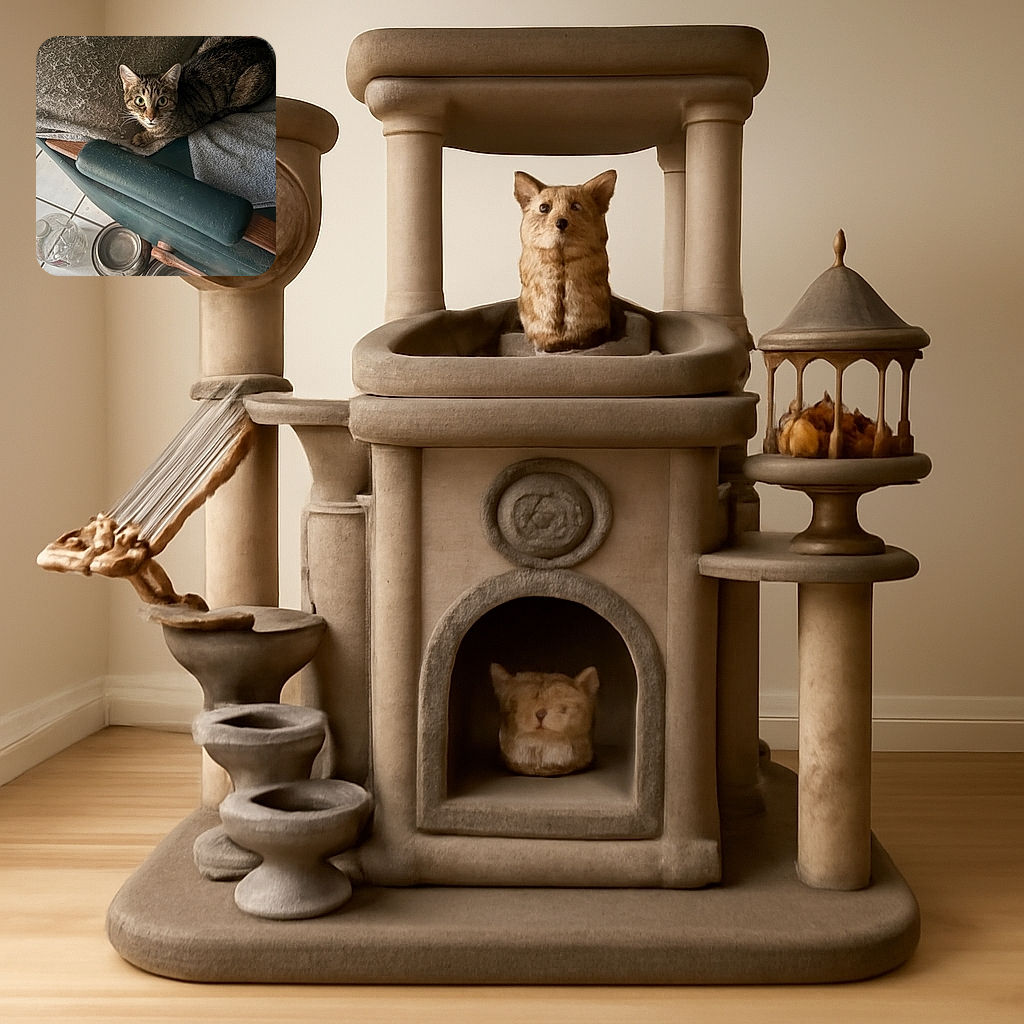 A curious tabby cat lounges on a well-worn green armchair covered with a towel, staring wide-eyed at the camera with a mix of suspicion and intrigue. Below, a couple of metal bowls and a large plastic water jug hint at the cat's dining area, while the tiled floor adds a homey touch.