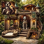 A noble dog stares stoically from a suit of gleaming armor like a knight who wandered into a renaissance painting, while a proud falcon perches on its gauntleted hand — rich bronze tones, ornate details and dramatic lighting complete this hilariously regal animal portrait.