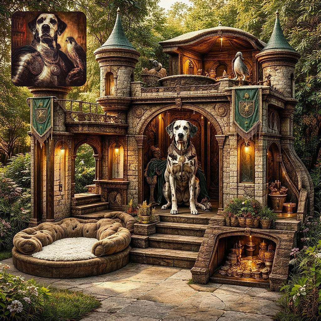 A noble dog stares stoically from a suit of gleaming armor like a knight who wandered into a renaissance painting, while a proud falcon perches on its gauntleted hand — rich bronze tones, ornate details and dramatic lighting complete this hilariously regal animal portrait.