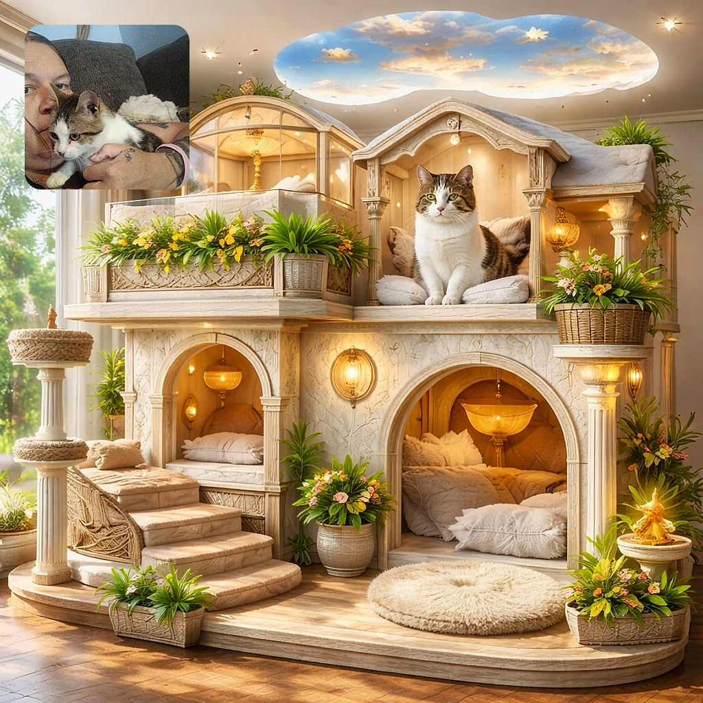 A cozy moment captured with a person snuggling a curious cat on a couch, showcasing tattoos and a colorful shirt, with a soft background that adds to the homely vibe.