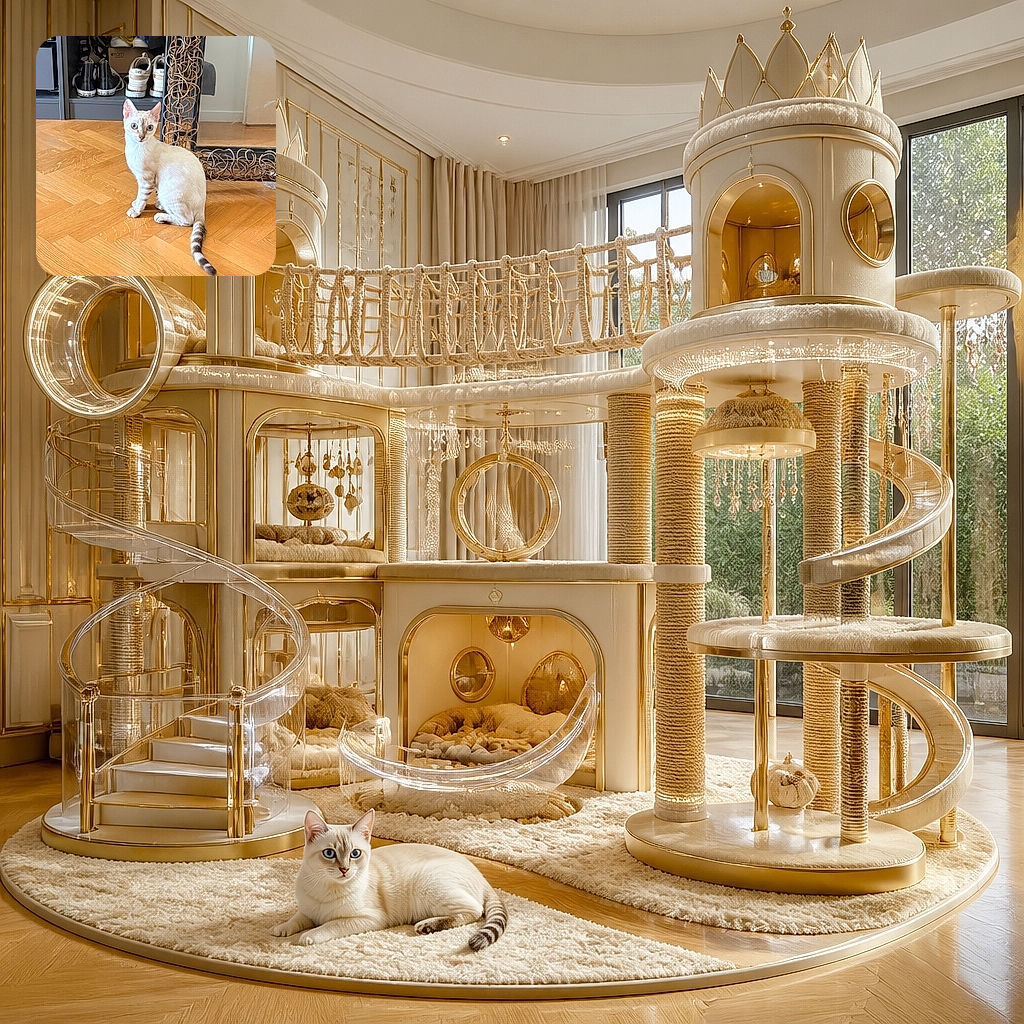 A wide-eyed cream-colored cat sits proudly on a warm herringbone floor, posing like the tiny curator of a shoe museum. Behind it, sneakers and tangled wicker décor create a wonderfully chaotic fashion-and-furniture backdrop, while the striped tail makes a dramatic runway finale.