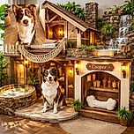 A curious dog with big, soulful eyes sits attentively on a woven rug in a cozy, warmly lit room, surrounded by homey decor including a potted plant and soft furniture.