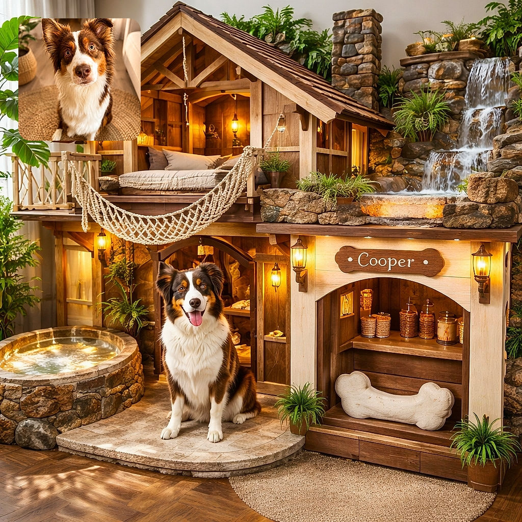 A curious dog with big, soulful eyes sits attentively on a woven rug in a cozy, warmly lit room, surrounded by homey decor including a potted plant and soft furniture.