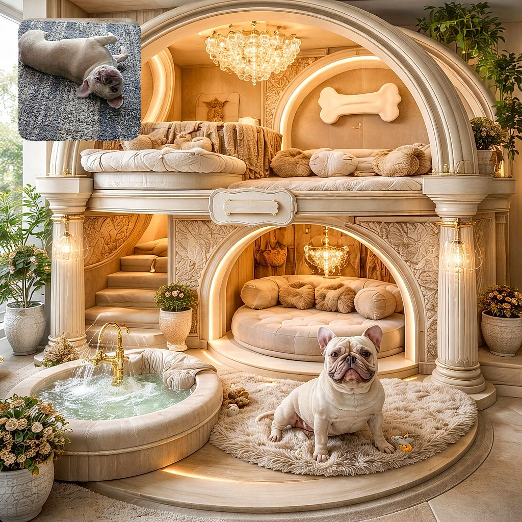 A goofy light-colored bulldog flopped on its back on a textured rug, staring up at the camera upside-down with big, pleading eyes and floppy ears — basically auditioning for 'most adorable couch potato.'