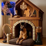 A regal German Shepherd lounges on a blue cushion, ears perked up like a loyal sentinel, bathed in soft indoor lighting with a cozy stone wall and wooden table in the background.