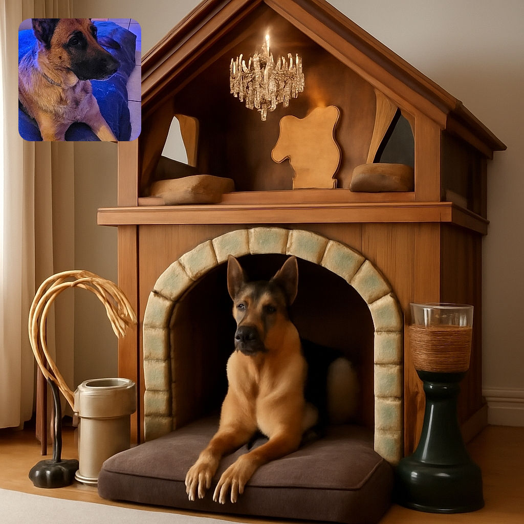 A regal German Shepherd lounges on a blue cushion, ears perked up like a loyal sentinel, bathed in soft indoor lighting with a cozy stone wall and wooden table in the background.