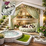 A cozy dog is curled up asleep on a bed layered with green and white floral bedding, surrounded by pillows and a pink polka-dot blanket, creating a snug and peaceful nook.