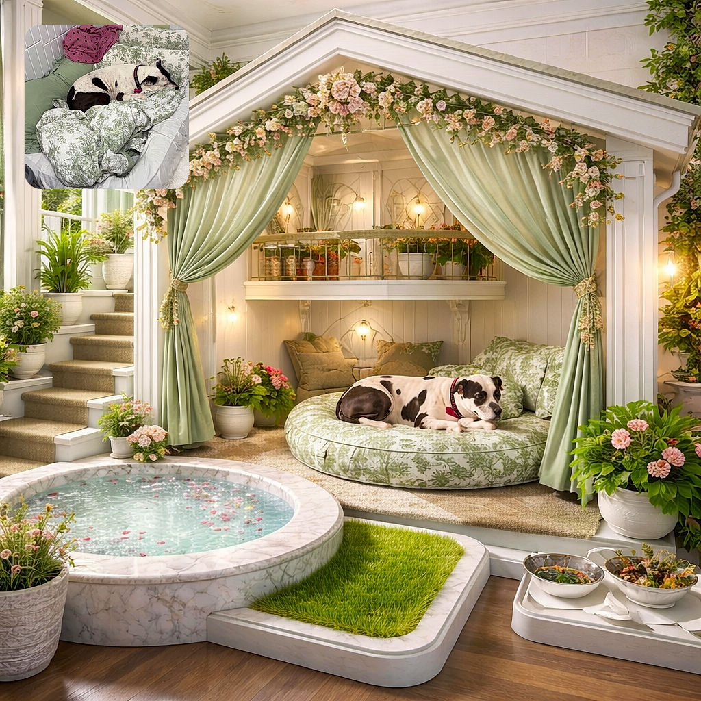 A cozy dog is curled up asleep on a bed layered with green and white floral bedding, surrounded by pillows and a pink polka-dot blanket, creating a snug and peaceful nook.