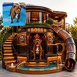 A wonderfully wrinkly brown dog stands chest-deep in a bright blue kiddie pool, staring at the camera like the lifeguard who has just discovered someone brought snacks without sharing. His upright tail adds a delightfully confused exclamation point.