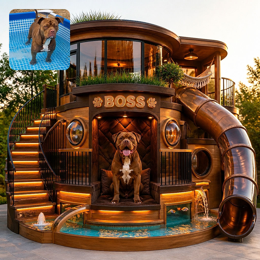 A wonderfully wrinkly brown dog stands chest-deep in a bright blue kiddie pool, staring at the camera like the lifeguard who has just discovered someone brought snacks without sharing. His upright tail adds a delightfully confused exclamation point.
