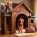 A golden retriever puppy lounges on a black surface, wearing a cozy purple plaid bandana. The pup's expressive eyes and soft fur are the focus, with a colorful blanket and some cluttered room items in the background adding a casual, lived-in vibe.