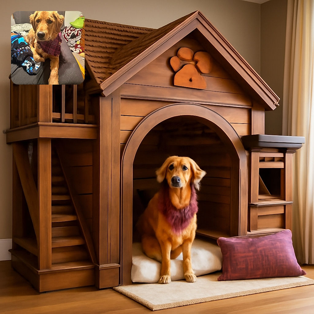 A golden retriever puppy lounges on a black surface, wearing a cozy purple plaid bandana. The pup's expressive eyes and soft fur are the focus, with a colorful blanket and some cluttered room items in the background adding a casual, lived-in vibe.