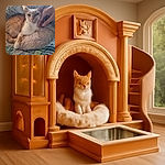 A cozy ginger and white cat lounged comfortably in a fluffy round bed, receiving gentle pets from a human hand. The scene is warm and homey, with colorful patterned bedding adding a splash of vibrancy to the relaxed moment.